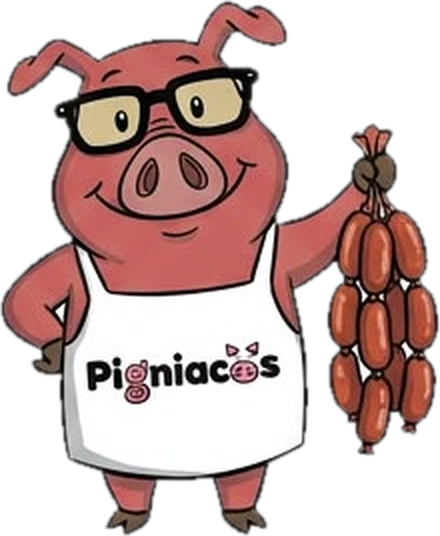 El cerdito Pigniacos con una ristra de salchichas